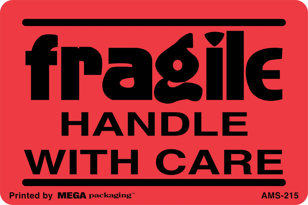 AMS-215 2 x 3 Fragile Handle With Care Fluorescent Red With Black Print Label 500/Roll
